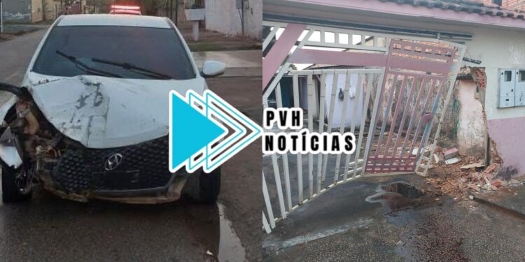 DESTRUIÇÃO: Motorista foge depois de dar “cabalo de pau”, derrubar muro e portão de residência
