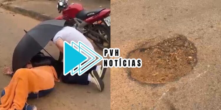 URGENTE: Mulher sofre queda de moto depois de bater em buraco na zona leste