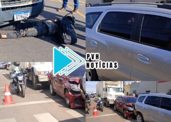 URGENTE: Caminhão sem freio causa engavetamento e deixa motociclista ferido no centro