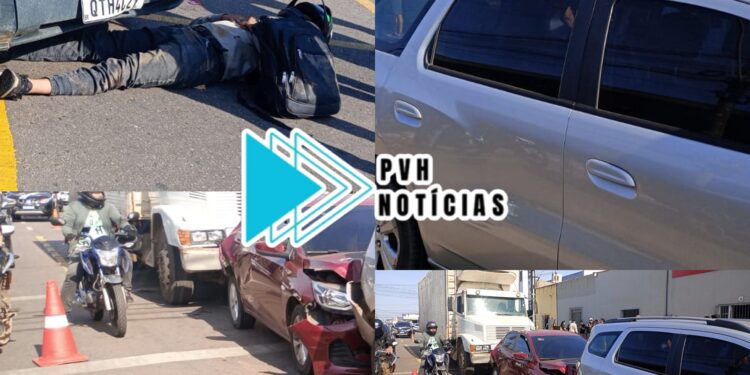 URGENTE: Caminhão sem freio causa engavetamento e deixa motociclista ferido no centro