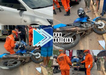 URGENTE: Motociclista bate tórax em lixeira após colisão com carro no centro