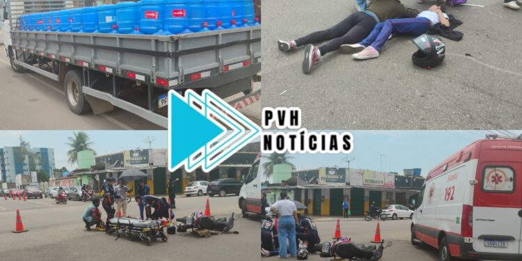 URGENTE: Caminhão invade preferencial e atinge mãe e filha em moto no centro