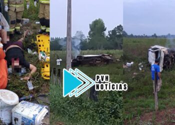 URGENTE: Grave acidente com capotamento de caminhonete deixa vítima presa às ferragens na BR-319