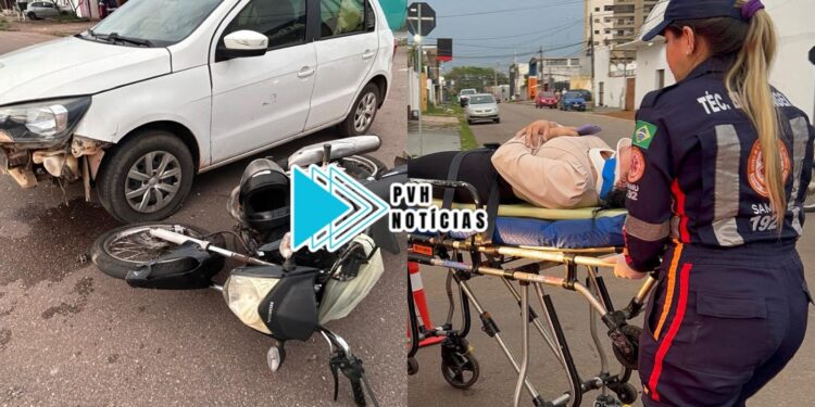 Carro avança cruzado e atinge motociclista no centro