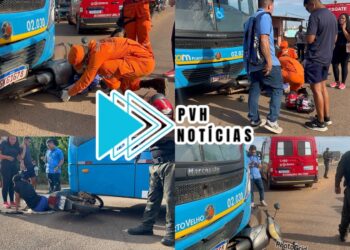 URGENTE: Moto vai parar embaixo de ônibus em acidente na Mamoré