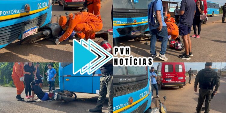 URGENTE: Moto vai parar embaixo de ônibus em acidente na Mamoré