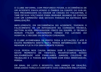 TRAGÉDIA NO FUTEBOL PARAENSE – Acidente com ônibus do Águia de Marabá mata integrante da comissão técnica