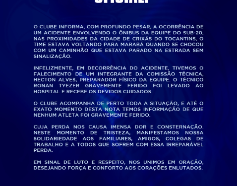 TRAGÉDIA NO FUTEBOL PARAENSE – Acidente com ônibus do Águia de Marabá mata integrante da comissão técnica