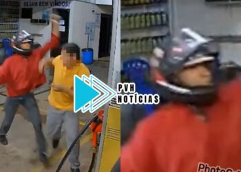 VÍDEO: Funcionário é agredido a coronhadas por bandidos durante assalto em posto de combustíveis