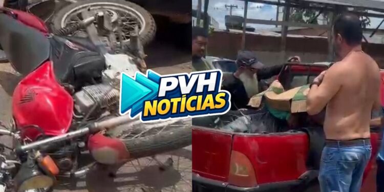 NO CENTRO: Motociclista para em carroceria de Fiat Strada após batida