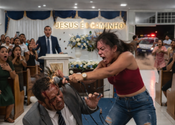 NO ALTAR: Ex-namorada usa microfone para desmascarar e agredir pastor em templo de oração na leste