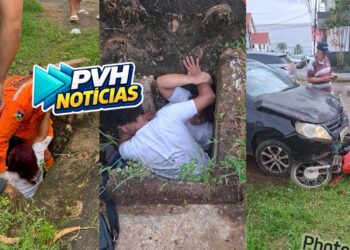 URGENTE: Carro avança cruzamento e atropela genro e sogra em moto no centro; vítima caiu no bueiro