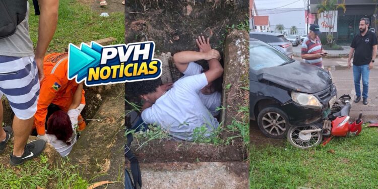 URGENTE: Carro avança cruzamento e atropela genro e sogra em moto no centro; vítima caiu no bueiro