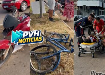 URGENTE: Atropelamento deixa ciclista com fratura e funcionário da Energisa lesionado na Guaporé