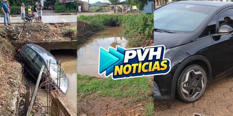 ALAGADO: Motorista faz conversão e cai em córrego durante chuva forte em Porto Velho – Veja Vídeo