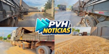 ESPALHOU TUDO: Carga de milho interdita via após batida entre carretas na Penal