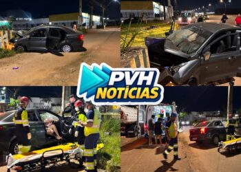URGENTE: Três pessoas ficam feridas após carro bater em poste na Rua da Beira, em Porto Velho