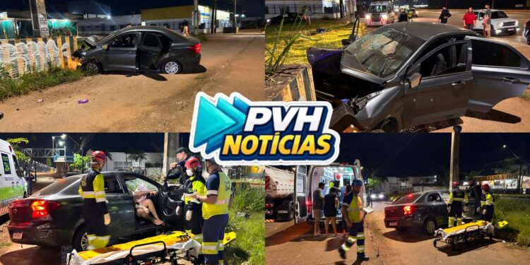 URGENTE: Três pessoas ficam feridas após carro bater em poste na Rua da Beira, em Porto Velho
