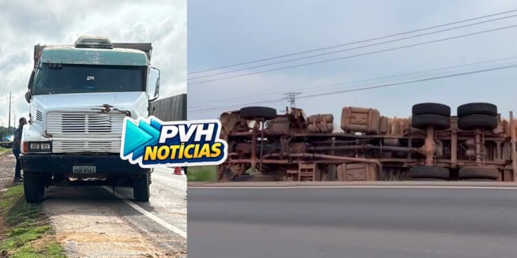 NO RETORNO: Caçamba tomba em grave acidente na BR-364 em Porto Velho