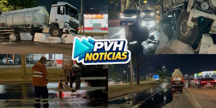 URGENTE: Caminhão tanque espalha diesel no asfalto após acidente no Trevo do Roque
