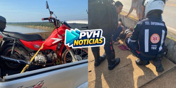 URGENTE: Pneu estoura e motociclista sofre queda na ponte do Rio Madeira