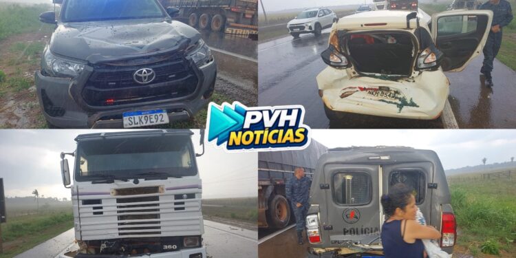 URGENTE: Viatura da Força Tática é atingida por carreta em acidente na BR-364 em Porto Velho